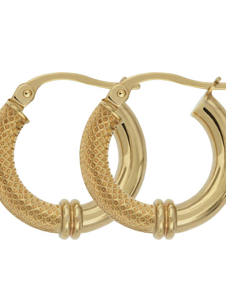 9ct Gold Vintage Inspired 15mm Half Textured Hoop Earrings for wholesale by The Fine Collective