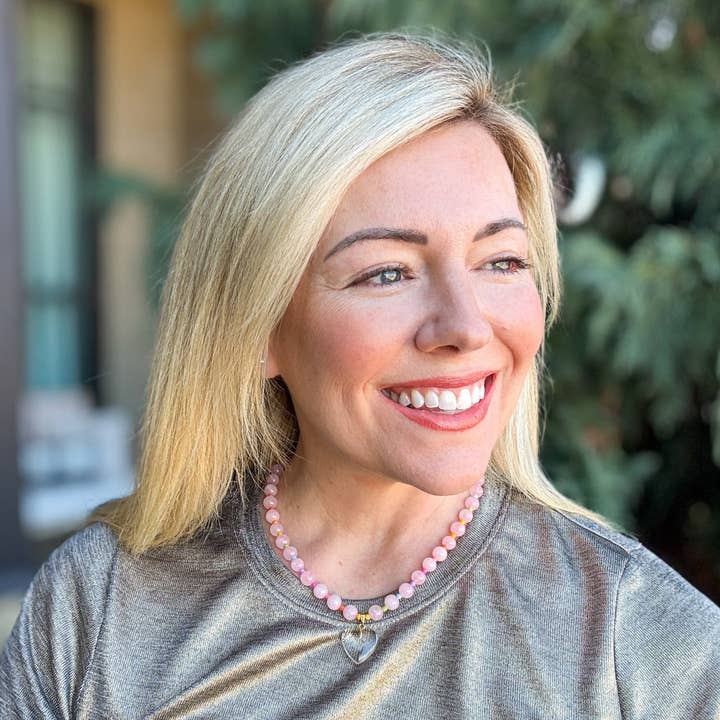 Taylor Elliott Designs - Wholesale Pendant/Charm Necklace - Beaded Necklace - Pink + Multi-Color w/Dangle Heart - Lottie1