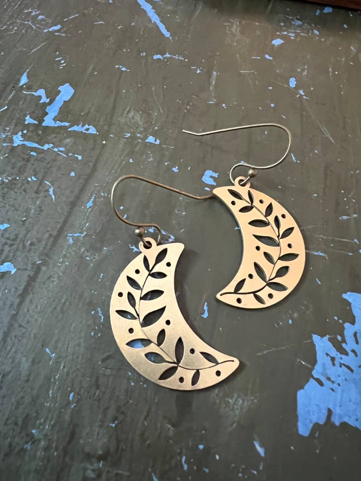 Gold vine crescent moon earrings for wholesale by Rising Dawn Boutique