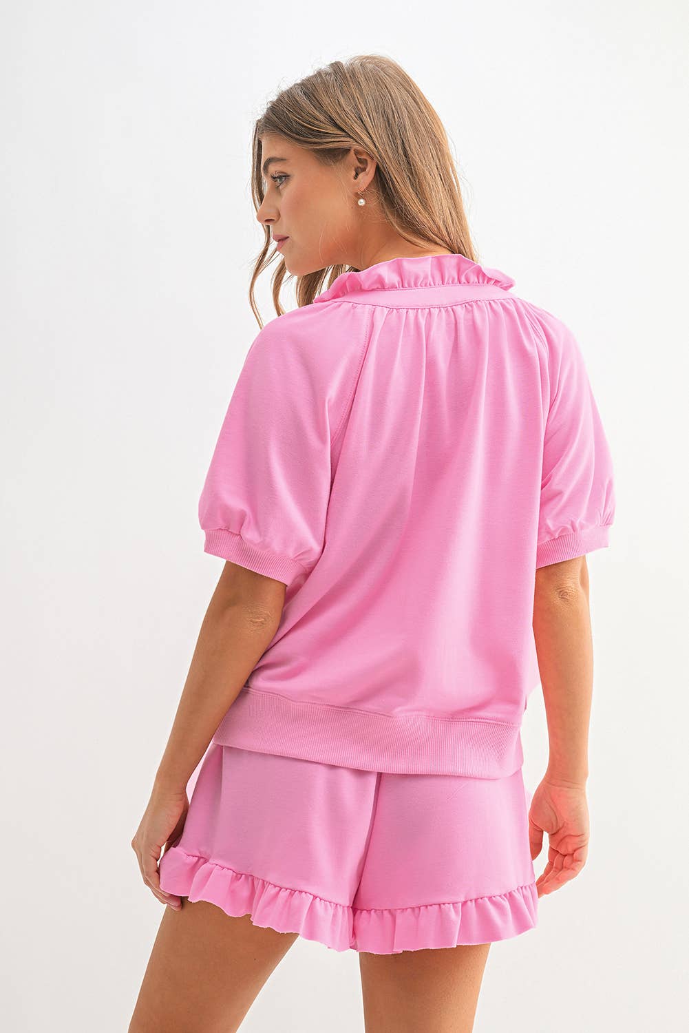 Aapparella - Wholesale Lounge Set - Women's - Pink  Zip Front Puff Sleeve Top & Ruffled Shorts Set | S-XL10