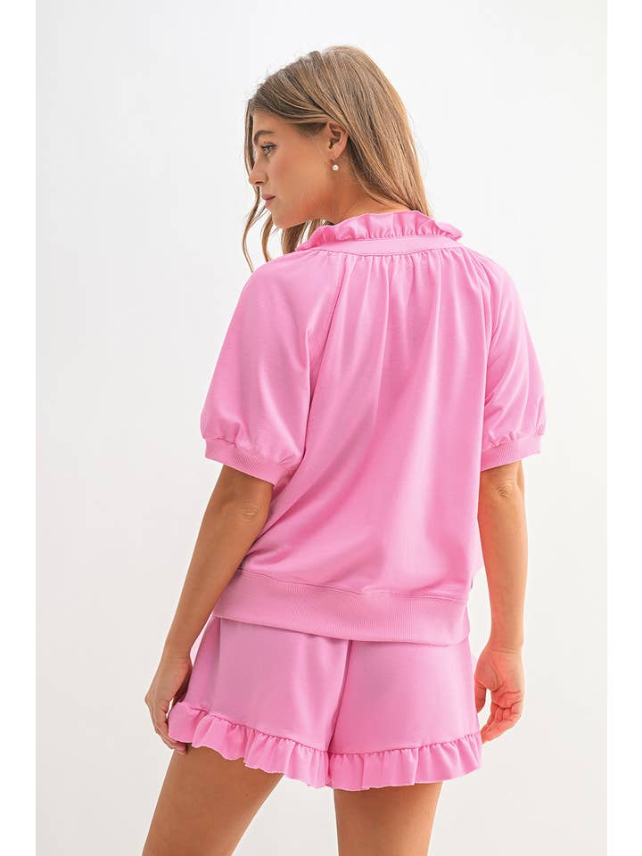 Aapparella - Wholesale Lounge Set - Women's - Pink Zip Front Puff Sleeve Top & Ruffled Shorts Set | S-XL10