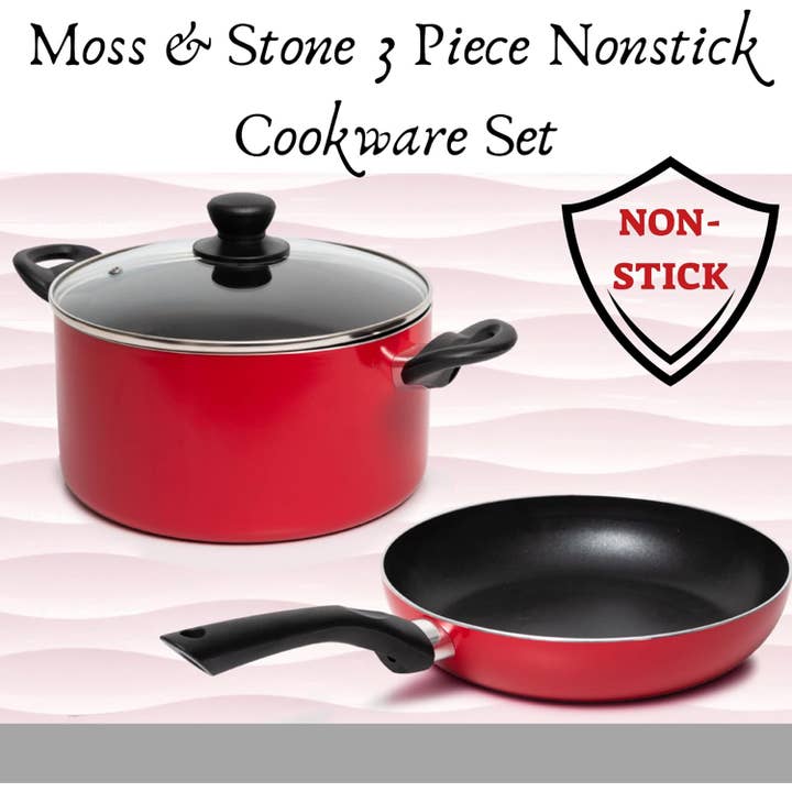 Moss & Stone - Wholesale Cookware Set - 3 Piece Pots & Pans Set Nonstick Cookware Set, Aluminum Pots and Pans, Red Pots and Pans Set with Glass Lid, Dishwasher Safe, Cooking Set1