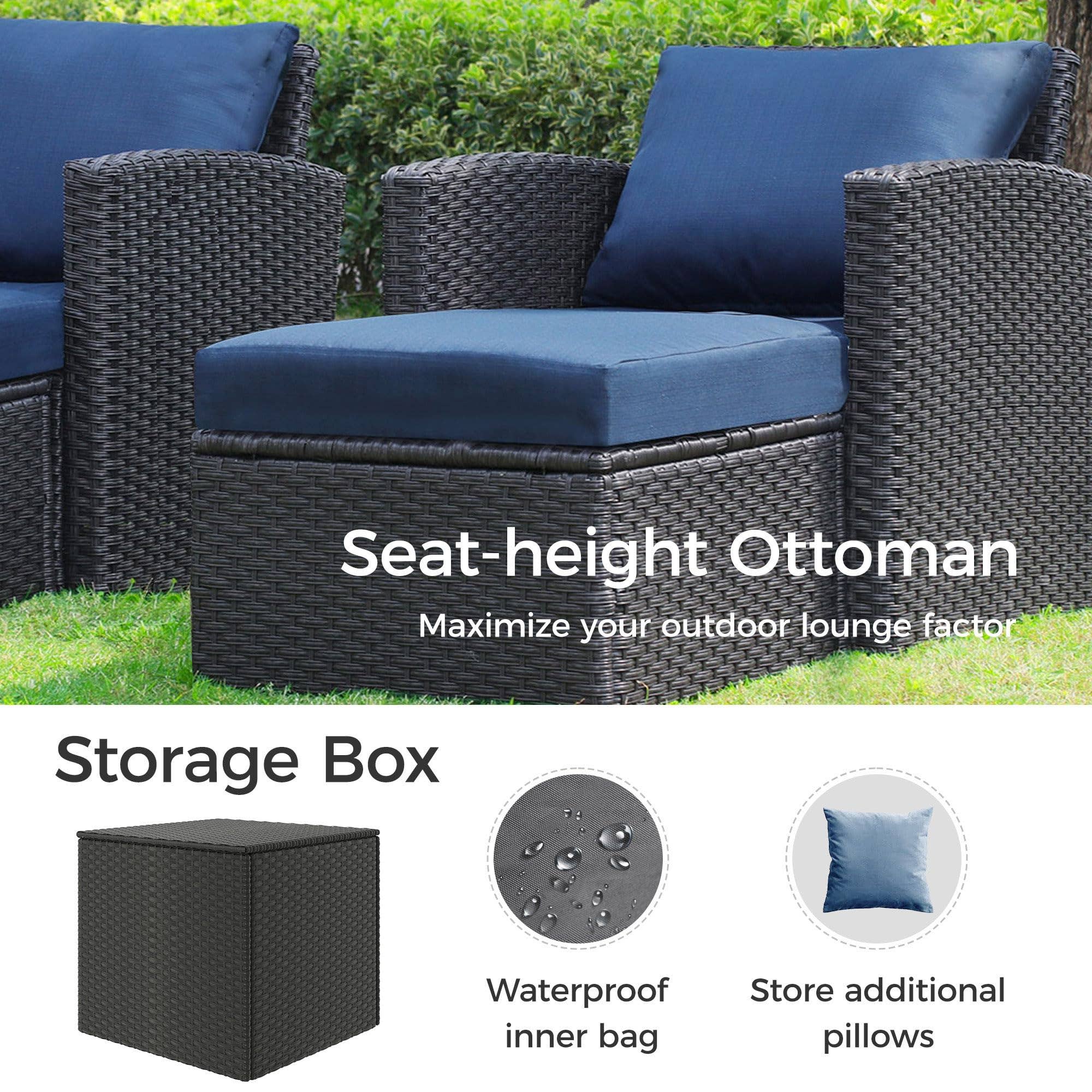Blue 6 Pcs PE Rattan Outdoor Furniture with Table and Ottomans for wholesale on Faire7