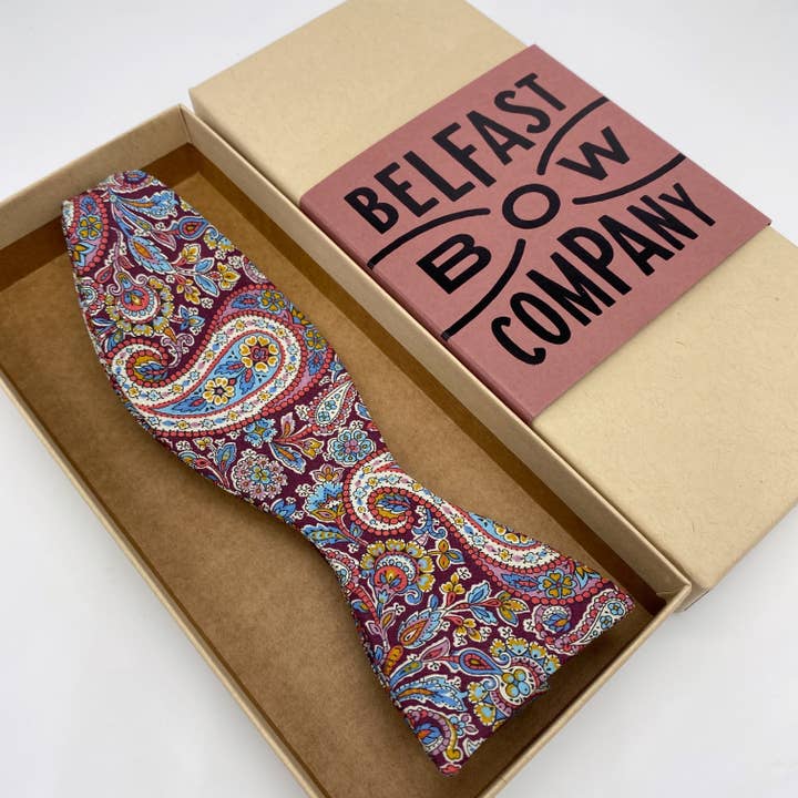 Liberty of London Self-Tie Bow Tie in Burgundy Paisley for wholesale by Belfast Bow Company