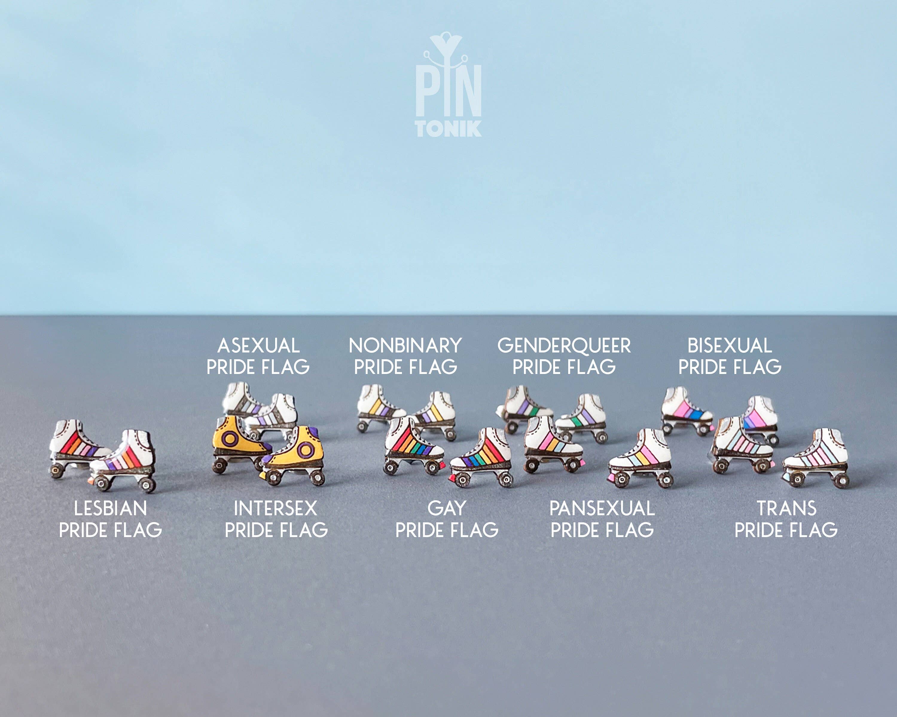 PinTonik - Wholesale Stud/Post Earrings - Retro Roller Skate Pride Flag Wood & Stainless Earrings1