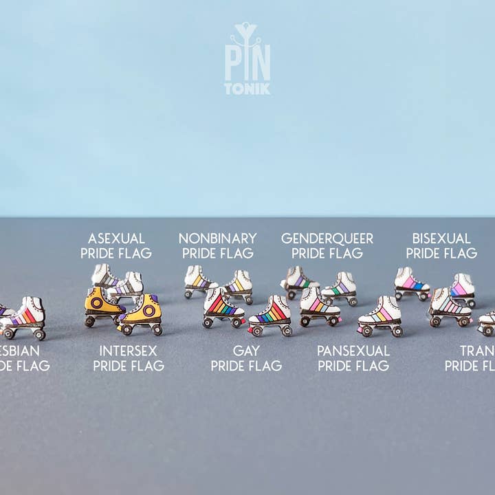 PinTonik - Wholesale Stud/Post Earrings - Retro Roller Skate Pride Flag Wood & Stainless Earrings1