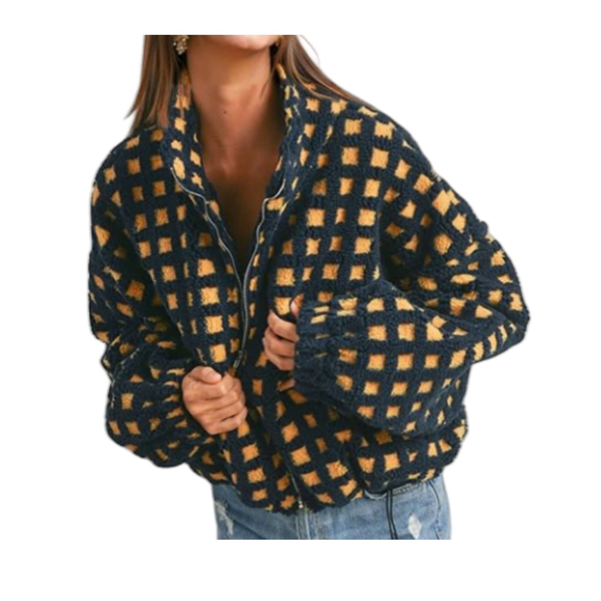 Rosa Clothing - Wholesale Jacket - Women's - Checkered Gingham Sherpa zip-up jacket 6 COLORS10