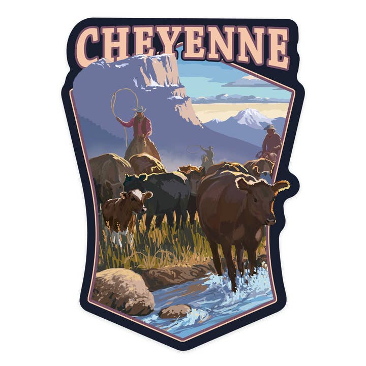 Lantern Press - Wholesale Sticker - Vinyl Sticker Cheyenne, Wyoming, Cowboy Cattle Drive Scene
