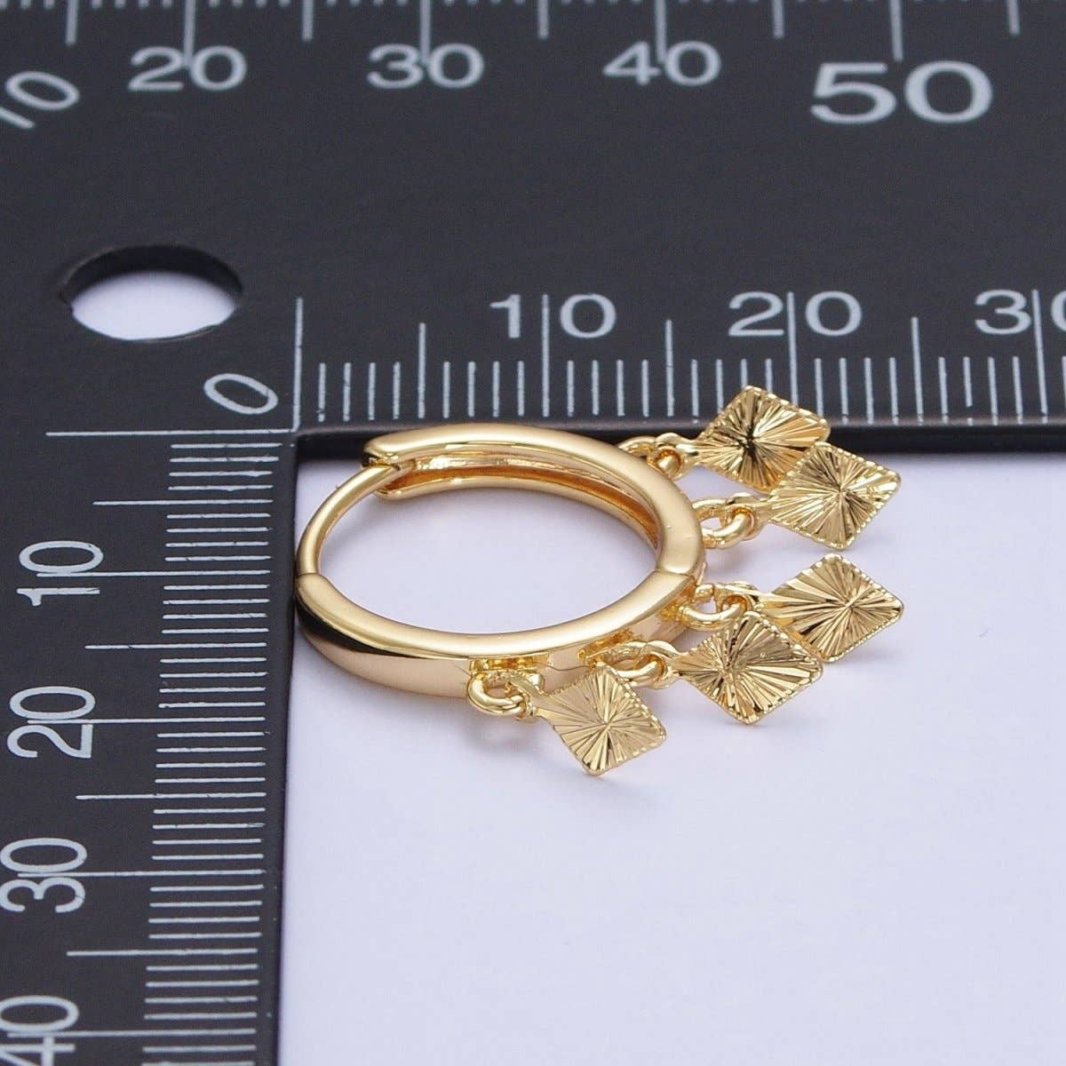 Aim Eternal - Wholesale Huggie Earrings - OS 24K Gold Filled Rhombus Textured Starburst Charm Dangle Drop Huggie Hoop Earrings T-1772