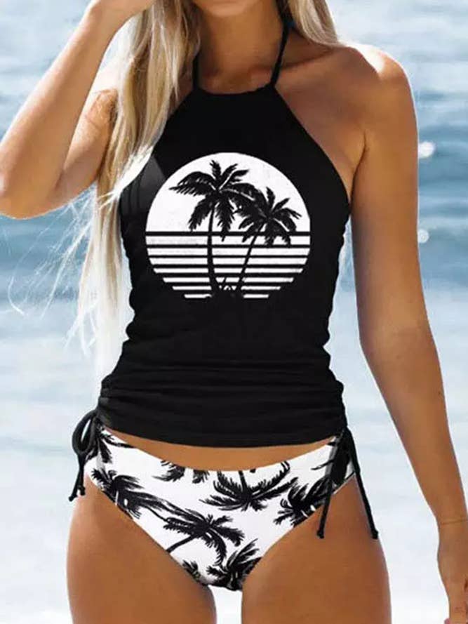 UNISHE - Wholesale Two Piece Swimsuit - Women's - Coconut Tree Print Halter Ruched Tankini Set ZK045