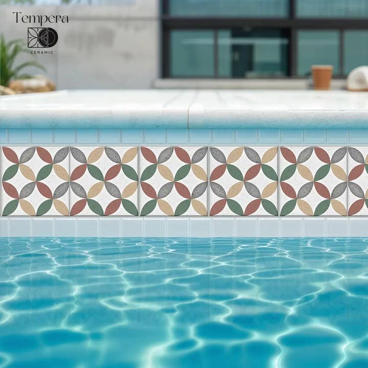 Waterline border decor, Petals porcelain pool tiles for wholesale by Tempera Art