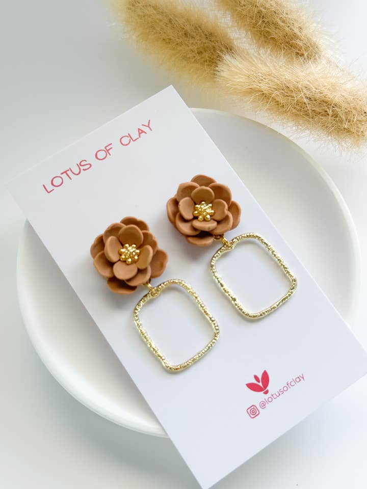 Flower dangle hoop earrings, handmade clay earrings for wholesale by Lotus of clay