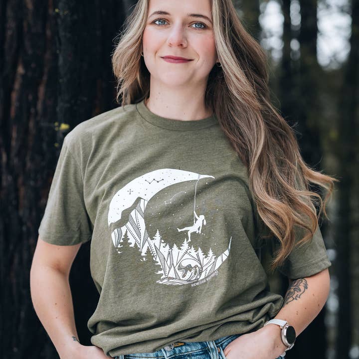 Moon and Climber, Unisex T-shirt, Responsibly Made for wholesale by Mountain Mornings