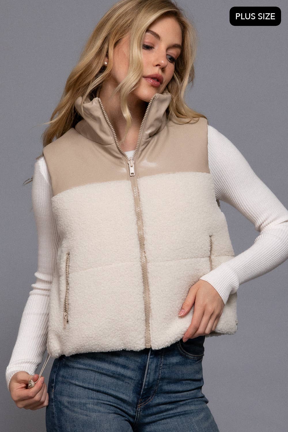 Active Basic | Active USA - Wholesale Outerwear Vest - Women's - [PLUS SIZE] Reversible Faux Leather-Sherpa Padding Crop Vest0