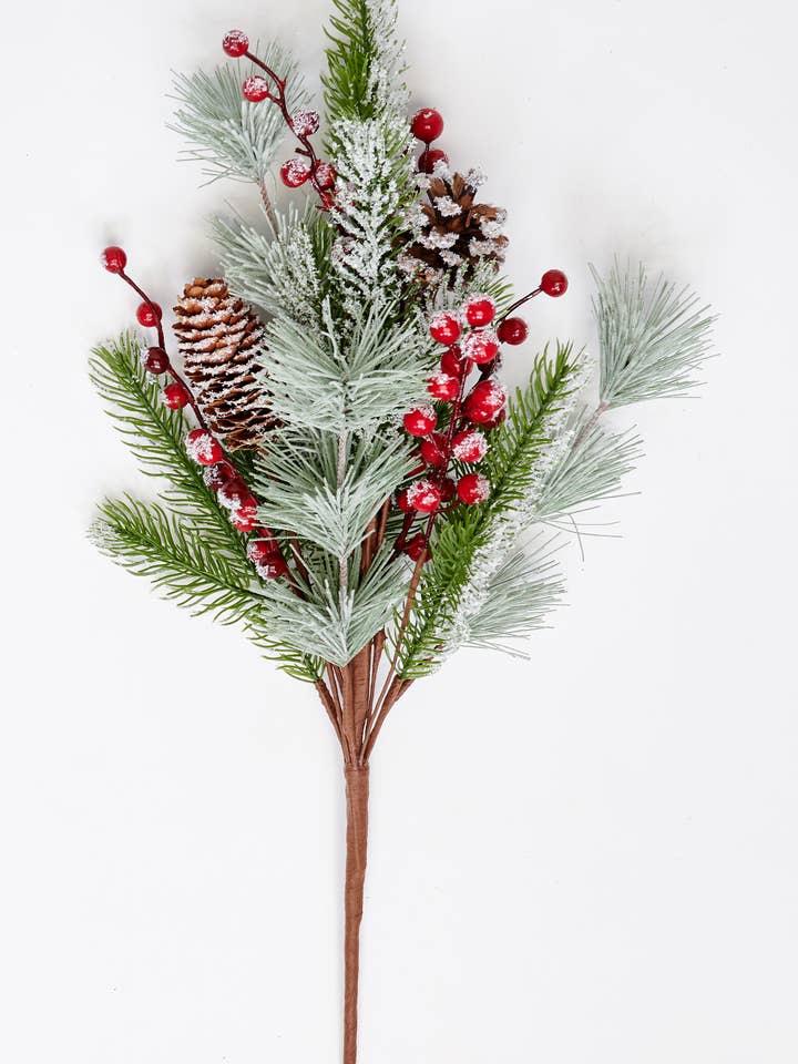 23" Snowy Red Berry & Pine Cone Bush for wholesale by WORTH IMPORTS