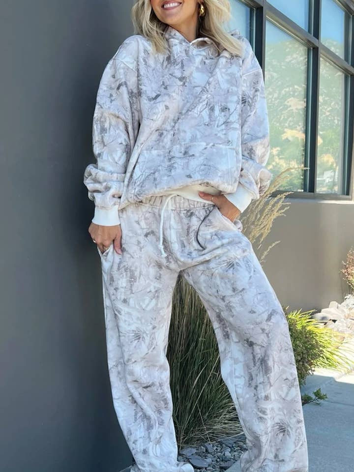 Conjunto de sudadera con capucha y pantalones de chándal clásico en camuflaje de bosque claro gris claro para venta al por mayor de Lovesoft