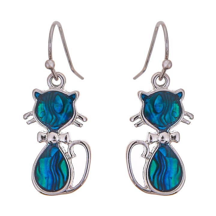 Paua Shell Kitty Cat Dangle Earrings, Rhodium Plated for wholesale by Byzantium Collection Ltd