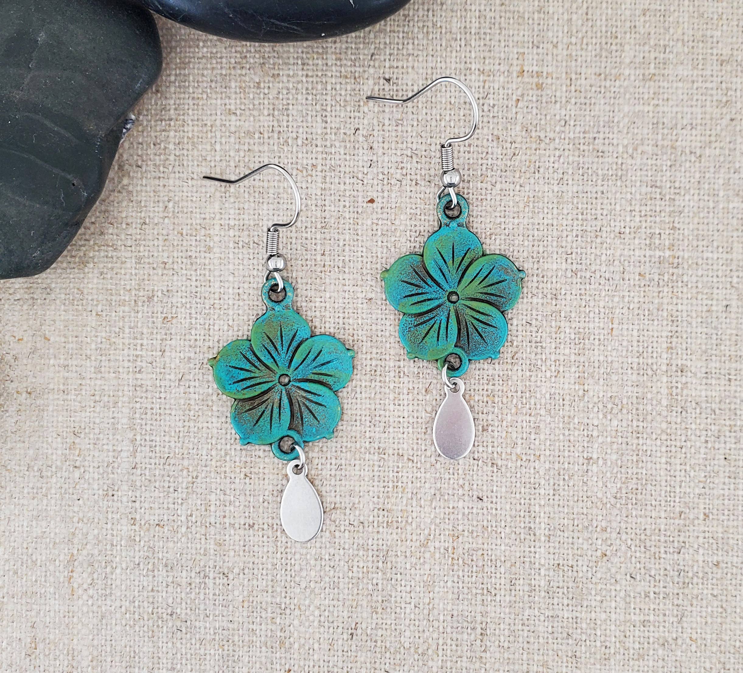 Covaly Artisan Jewelry - Wholesale Dangle Earrings - Brass Flower Paint Patina Stainless Drop Earrings