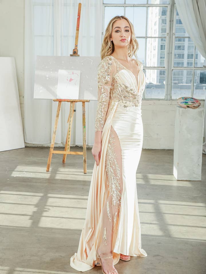 La Veneto - Wholesale Dress - Women's - V-neckline, gathered side waistline, leg slit & draping sash10