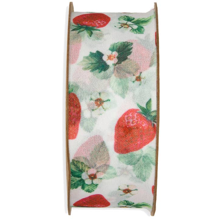 Chiffon Ribbon Strawberry, W40mm, L15m, White-Red-Green for wholesale by Vosteen