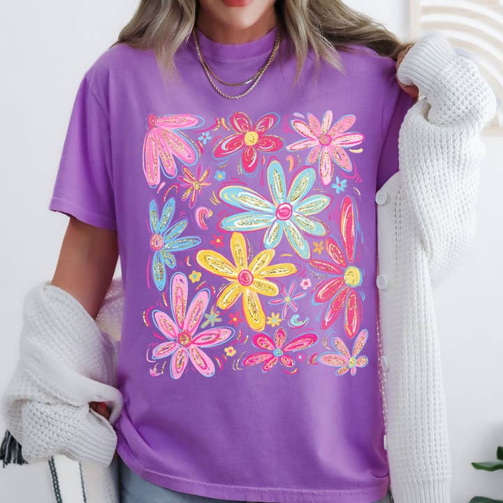T-shirt rétro fleurs, beau, lumineux, coloré, pastels pour la vente par Refinery Number One LLC