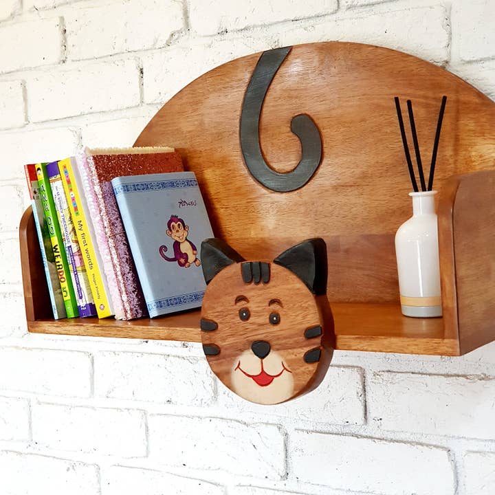 Wooden Wall Mounted Book Shelf CAT theme for children's room for wholesale by funyards