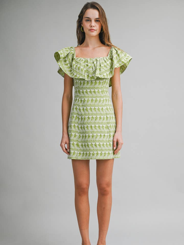 Robe Mini Verte à Épaules Dénudées avec Volants ED6028A pour la vente par Endless Blu