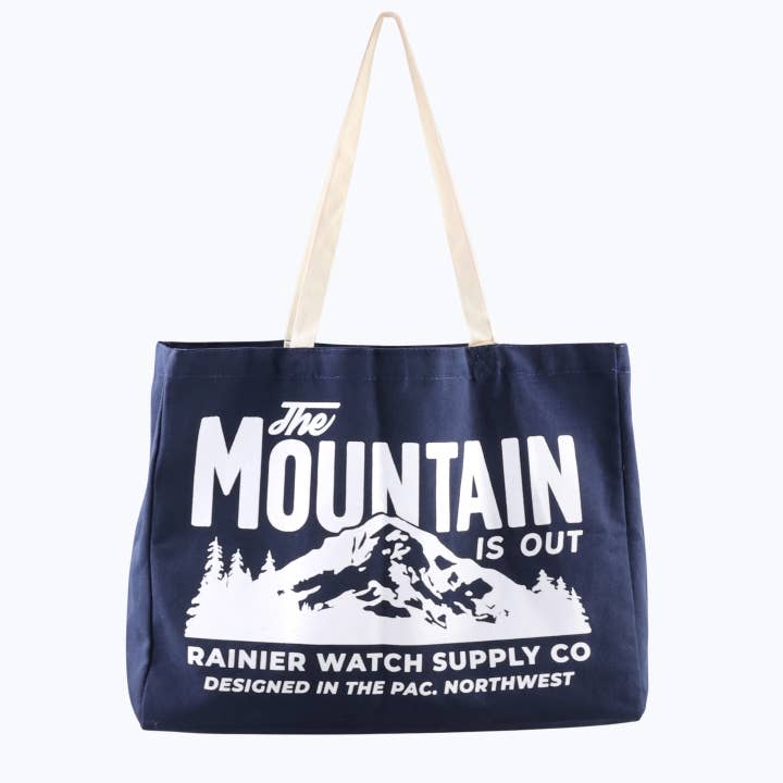 The Mountain Is Out Oversized Organic Tote Bag - Navy for wholesale by Rainier Watch Supply Co
