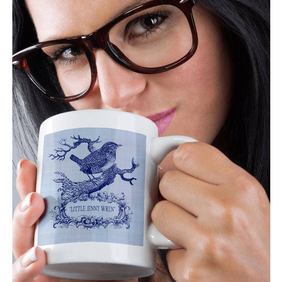 3dRose - Wholesale Coffee Mug - 3dRose, Little Jenny Wren- pretty little bird and cartouche in blue, Mug8