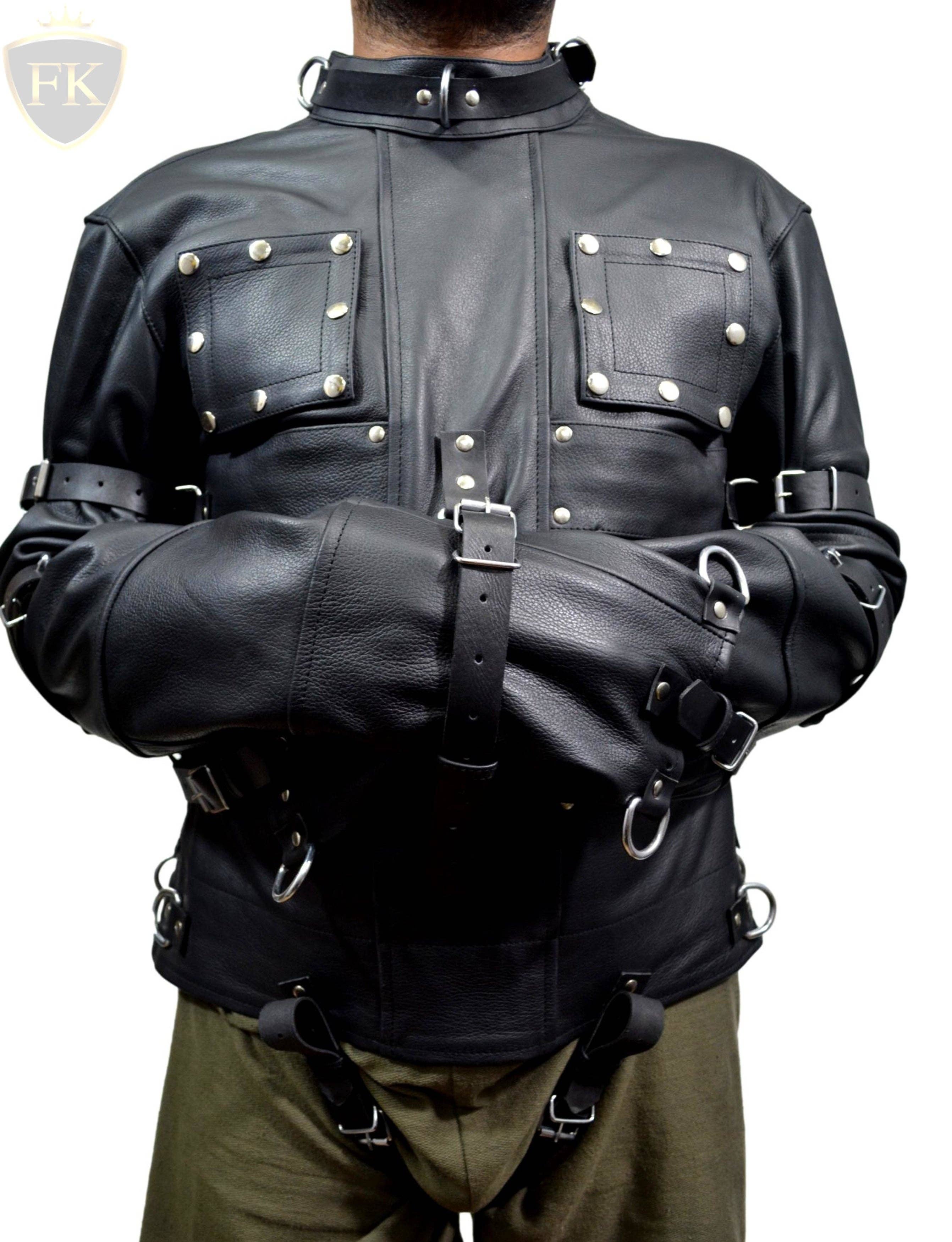 Meninleather – wholesale Leather jacket – Men′s – Men Leather Straitjacket Straight jacket with Locking Buckles Belts0
