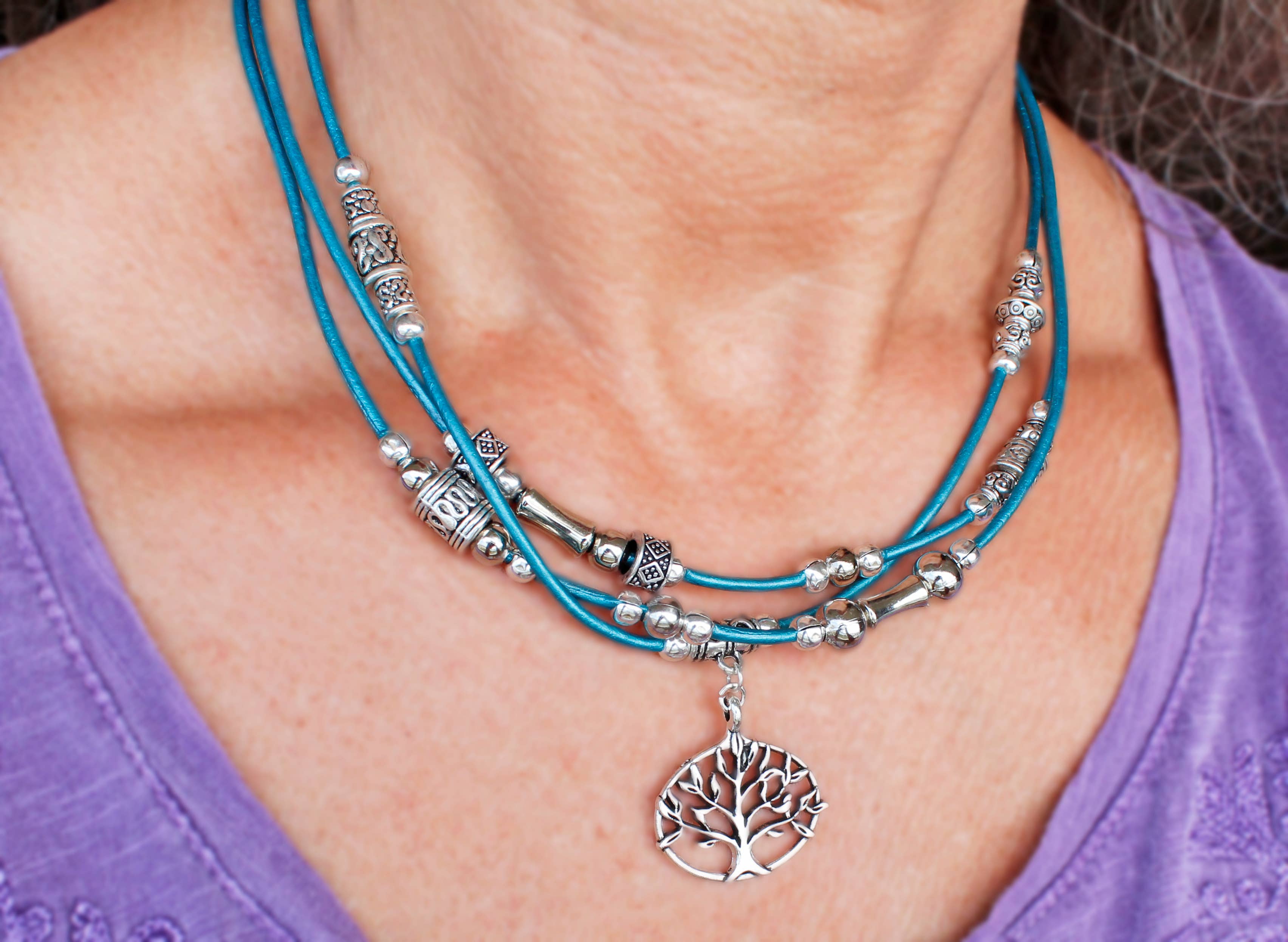 Sea Ranch Jewelry – wholesale Pendant/charm necklace – 2FB Bali-Style Beaded Leather Charm Necklace1