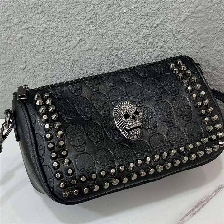 BLACK Embossed Skull Riveted Shoulder Bag for wholesale on Faire1