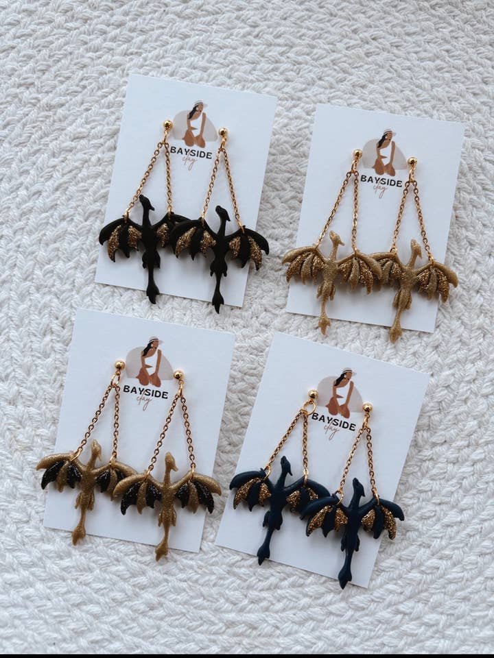 Glitter Dragon Dangles | Clay Earrings | Bookish for wholesale by Bayside Clay