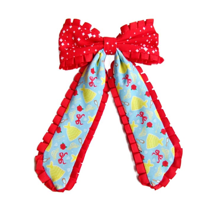 Red Rose Princess Ruffled Long Tail Hair Tied Bow w/ Clip for wholesale by Pretty in Pink Bows