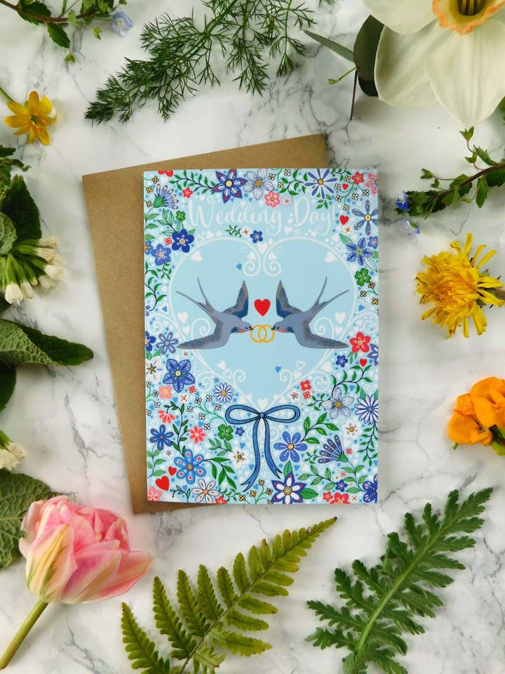 Carte de vœux pour le jour du mariage en forme d'hirondelle pour la vente par Mystical Sky Studio