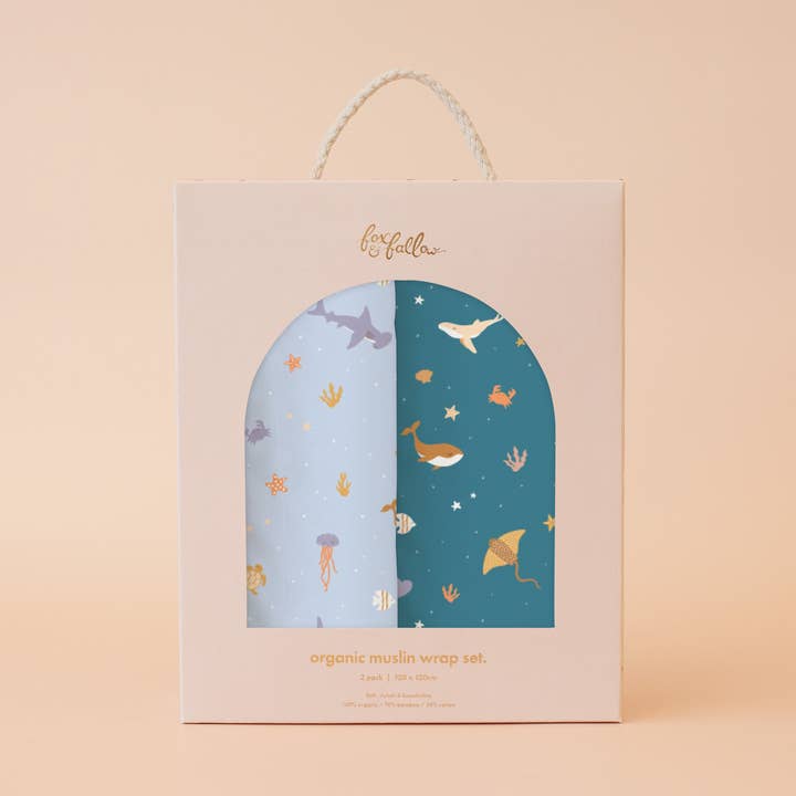 Ocean Creatures Sky/Marine Organische Mousseline Wikkeldoek Set voor wholesale door Fox & Fallow