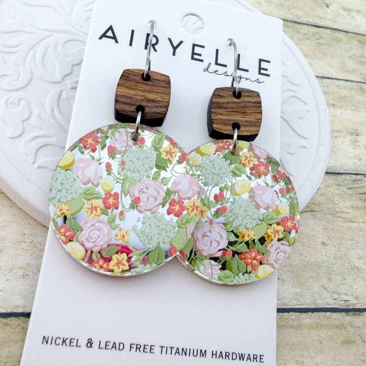 Spring Meadow Acrylic + Wood Round Earrings - Titanium for Sensitive Ears for wholesale by Airyelle Designs