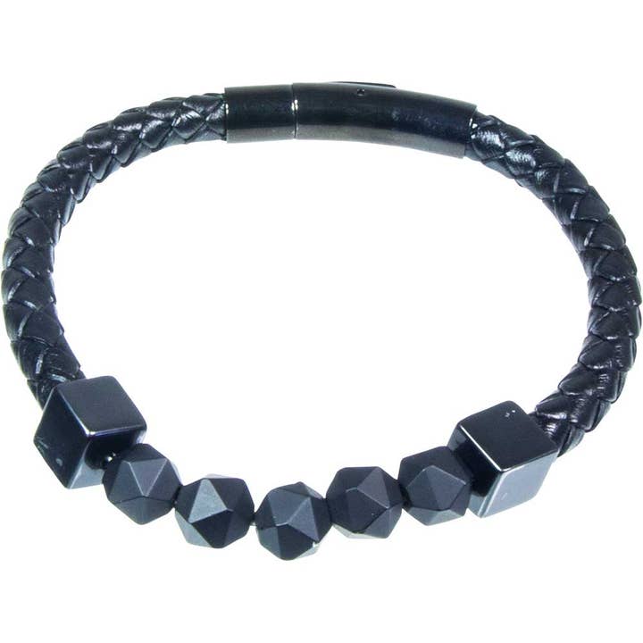 Pulsera de cuero con cierre SS negra con cuentas de cerámica negras para venta al por mayor de Kheops International