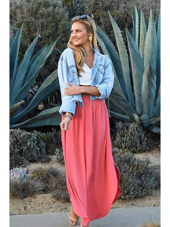 NINEXIS - Wholesale Skirt - Women's - CWBLS041_SMOCKING WAIST MAXI SKIRT WITH SIDE POCKET