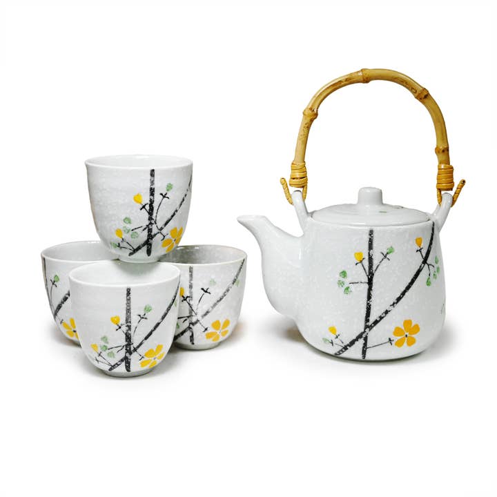 TEA SET – WHITE PLUM BLOSSOMS ON GREY for wholesale by Fuji Merchandise Corporation