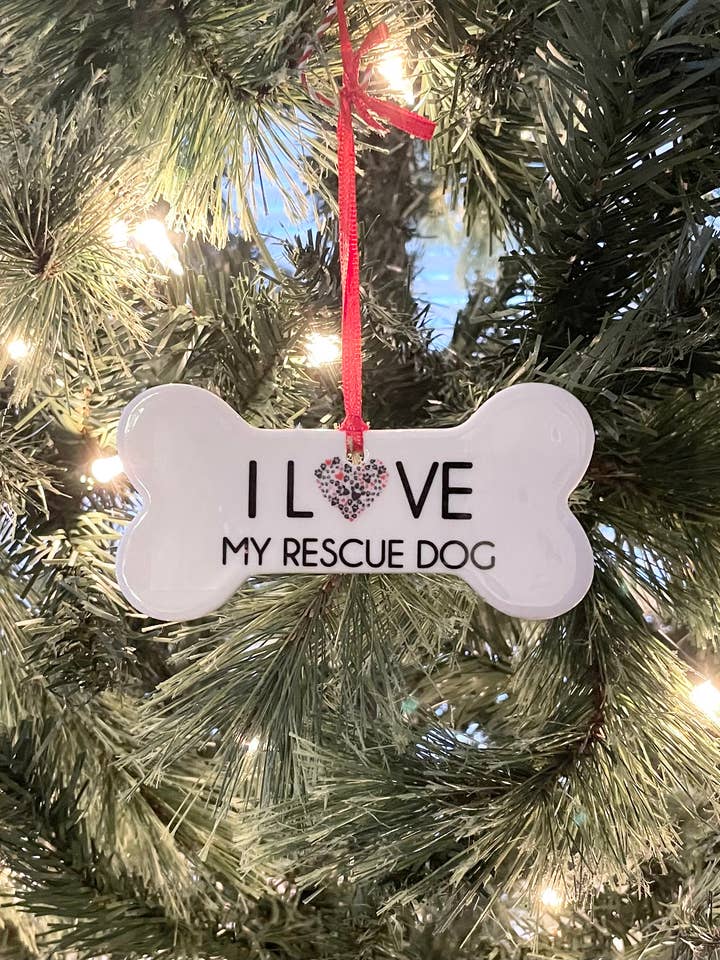 Rescue Dog, I love my rescue, Dog Bone Christmas Ornament for wholesale by philoSophie's Stationery & Gifts
