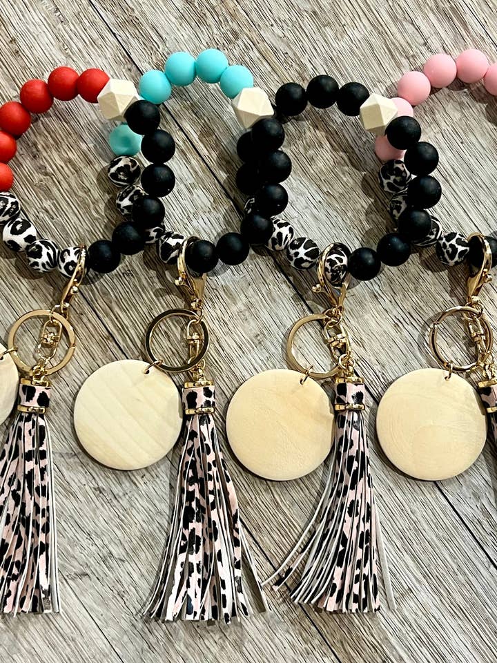 Leopard Silicone Beads Wristlet - Leopard Faux Leather Tassel for wholesale by KW Custom Creations