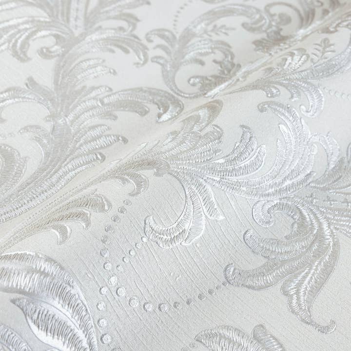 White Silver Embossed Flowered Textured Wallpaper, Home Wall Decor, Aesthetic Wallpaper, Textured Wallcovering Non-Adhesive and Non-Peel for wholesale by Walloro Luxury Embossed Wallpaper