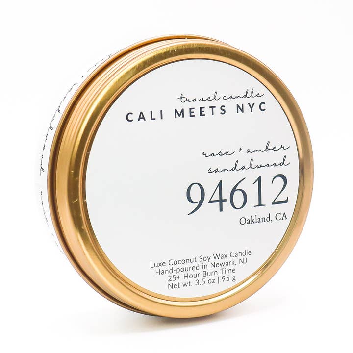 94612, Rose Amber + Sandalwood Coconut Soy Candle Tin for wholesale by Cali Meets NYC