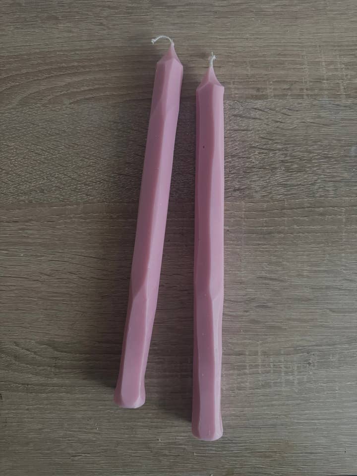 Hand carved pink tapered candle sticks, soy wax vegan for wholesale by SoieLondon