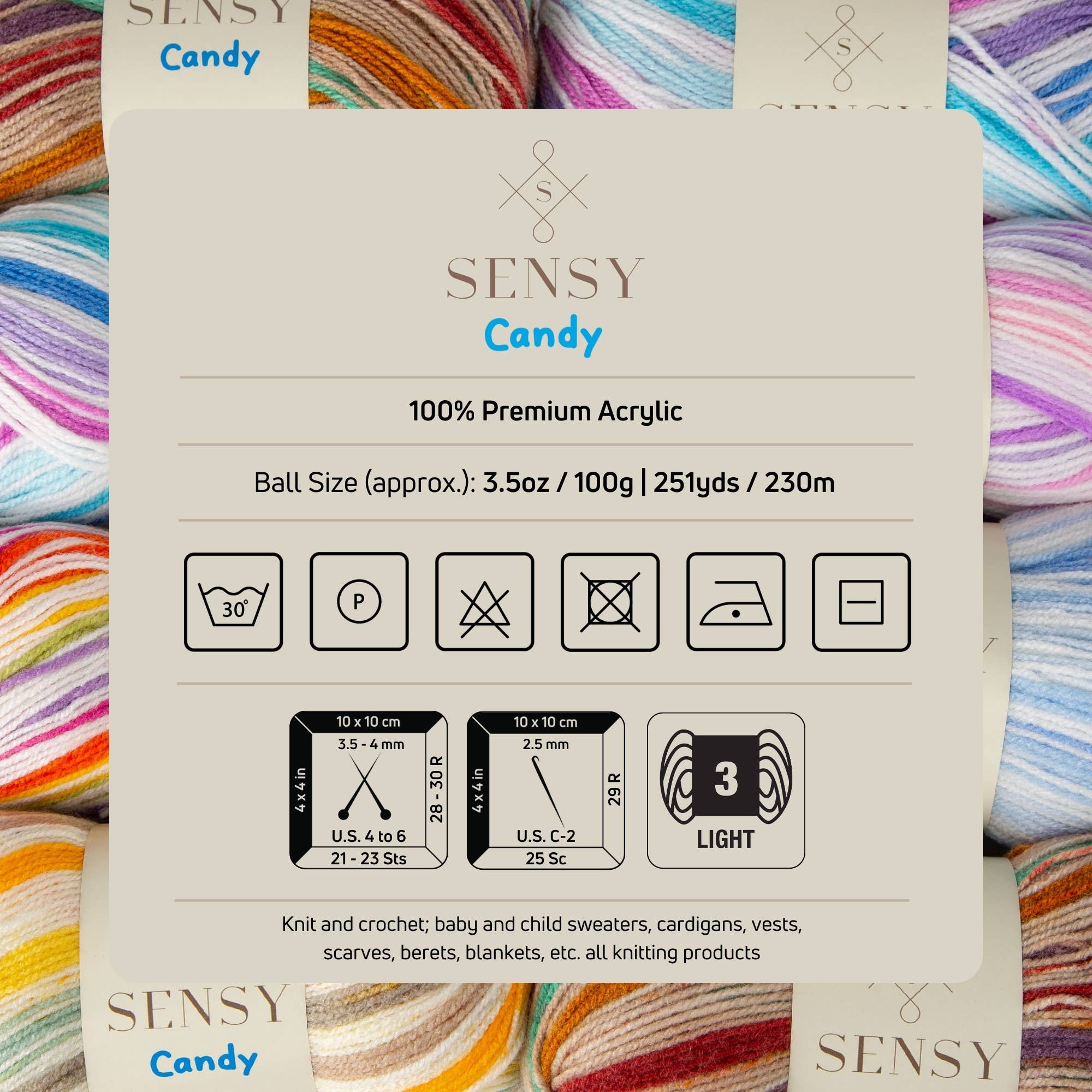 Sensy - Wholesale Yarn - Sensy Candy Yarn, 3.5 oz, 251 Yards, Gauge 3 Light22