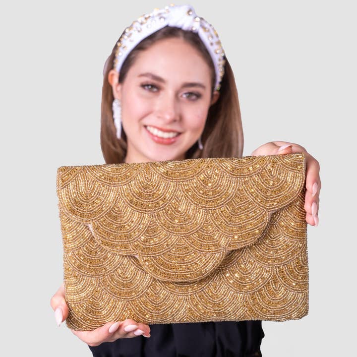 Scalloped Gold Beaded Clutch Purse for wholesale by Twine and Love