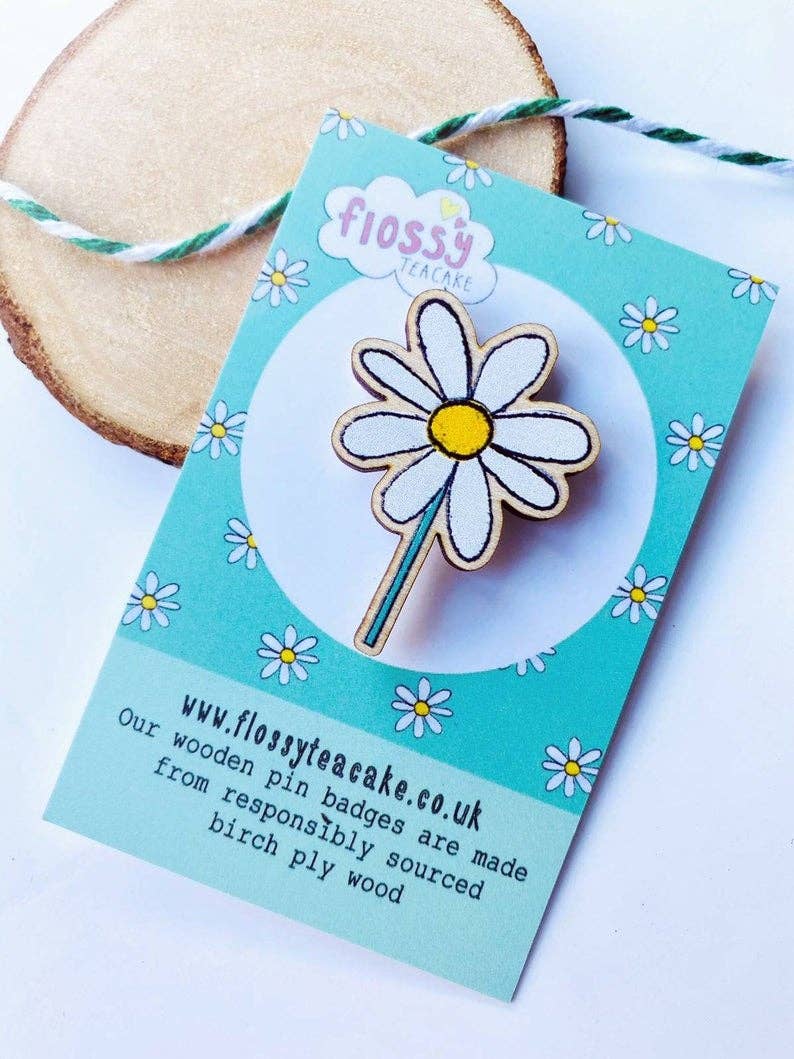 Flossy Teacake – wholesale Lapel pin/button – Daisy Wooden Pin Badge1