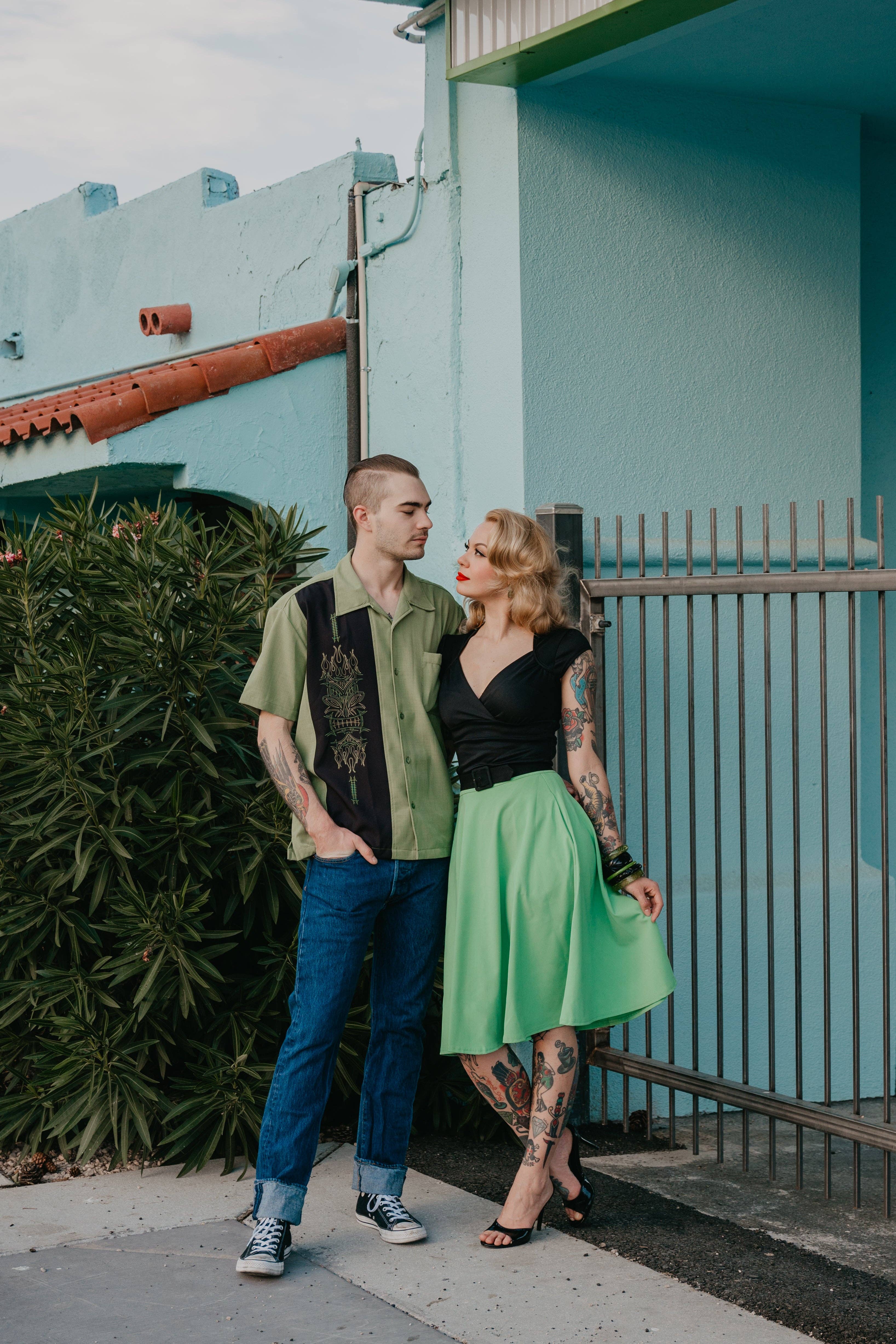 Steady Clothing - Wholesale Button Down Shirt - Men's - Pinstripe Tiki Panel Bowling Shirt in Green2