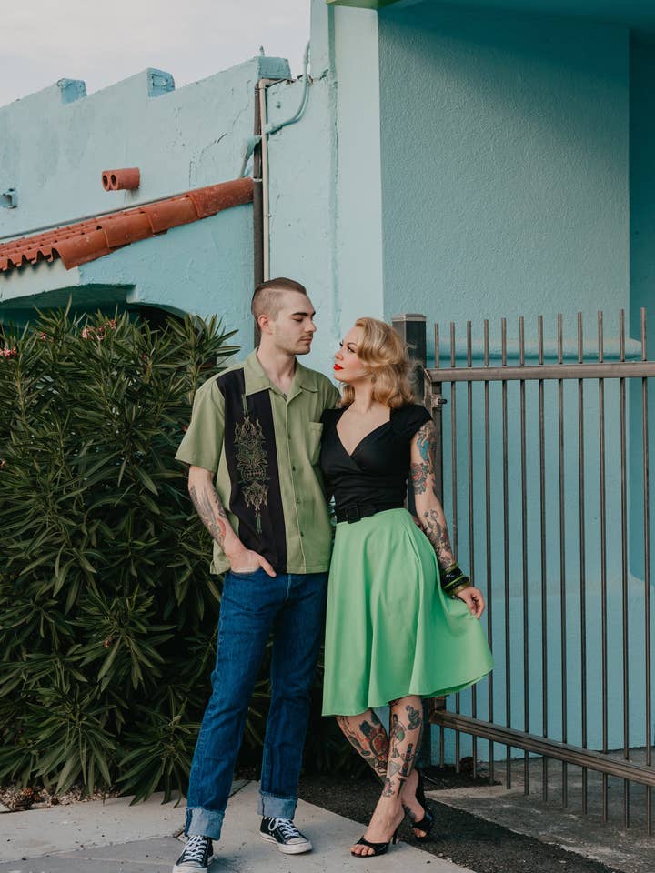 Steady Clothing - Wholesale Button Down Shirt - Men's - Pinstripe Tiki Panel Bowling Shirt in Green2